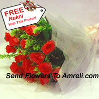 Bunch Of 12 Red Roses With Fillers And A Free Rakhi