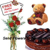 6 Red Roses In A Vase With 1/2 Kg (1.1 Lbs) Chocolate Cake and a Medium Sized Cute Teddy Bear With A Free Rakhi