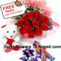 Bunch Of 12 Red Roses With Assorted Chocolate And A Cute Teddy Bear With A Free Rakhi