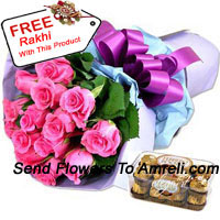 Bunch Of 12 Pink Roses With 16 Pcs Ferrero Rocher And A Free Rakhi