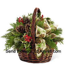 This Bouquetis an expression of holiday homecoming and heartfelt cheer. Assorted holiday greens, variegated holly, natural pinecones, red berry pics and cinnnamon sticks are lovingly arranged in a dark brown bamboo basket accented with an ivory holiday ribbon creating a seasonal sentiment of peace and goodwill. (Please Note That We Reserve The Right To Substitute Any Product With A Suitable Product Of Equal Value In Case Of Non-Availability Of A Certain Product)