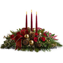 Assorted Flowerswith three red taper candles. (Please Note That We Reserve The Right To Substitute Any Product With A Suitable Product Of Equal Value In Case Of Non-Availability Of A Certain Product)